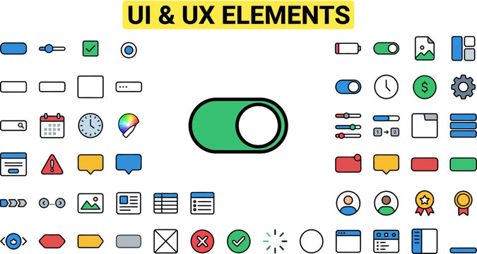 Comprehensive Collection of Modern Ui and Ux Interface Elements for Web and Mobile App Design Including Icons Buttons Toggle Switches Sliders Notifications Alerts Input Fields Forms Charts Graphs