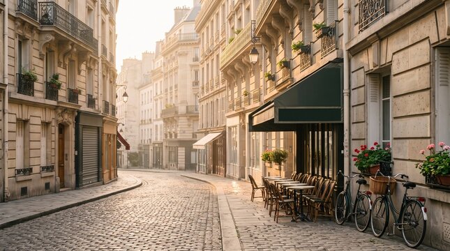 Charming cobblestone street in Paris featuring empty outdoor cafe seating with two bicycles parked near historic stone buildings at sunset