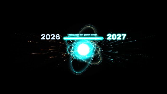 2026 to 2027 new year countdown transition with futuristic glowing atom energy core and digital loading progress bar