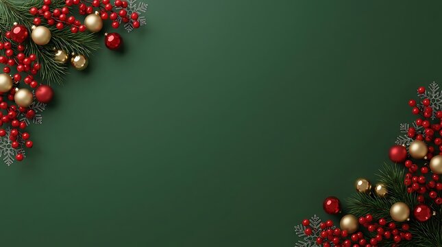 Festive christmas decorations with red berries and golden ornaments on a dark green background