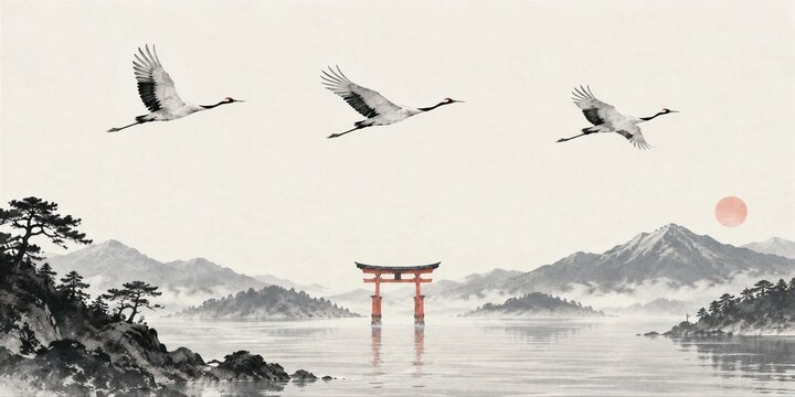 Red-Crowned Cranes Flying Over a Misty Lake and Torii Gate