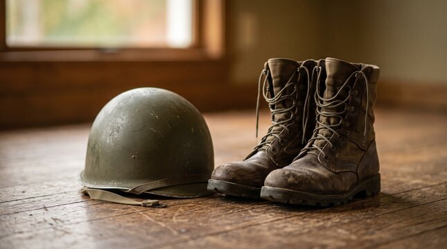 Old olive green military helmet rests beside weathered leather tactical boots on wooden floor for solemn memorial service tribute honoring past soldiers service