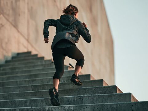 Determined athlete running up concrete stairs during an intense outdoor fitness training session