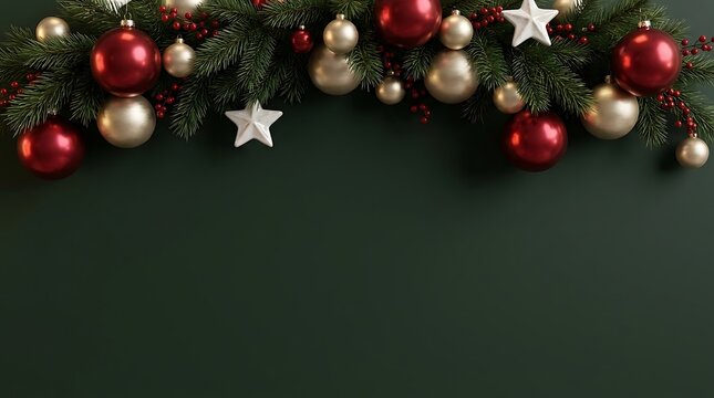 Festive christmas garland with red and gold ornaments on dark green background