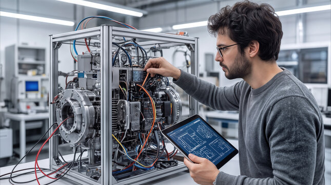 Robotics technician adjusting complex mechanical prototype while holding digital tablet. Engineering specialist working on advanced hardware in high-tech laboratory setting.