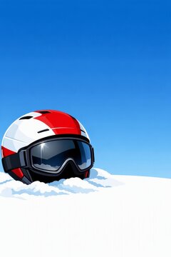 Red and white ski helmet with goggles resting in snow against clear blue sky for winter sports banner background and ski safety poster design