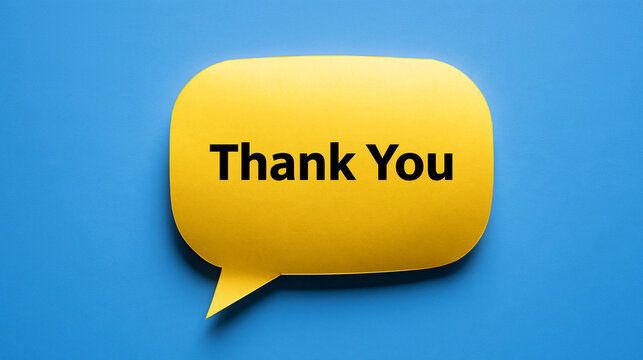 A bright yellow speech bubble with the text Thank You rests against a solid blue background. Perfect graphic for customer appreciation and gratitude concepts.