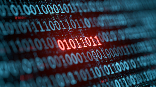 Glowing red binary code numbers stream across a digital dark background. Cybersecurity concept for computer data processing and tech intelligence.