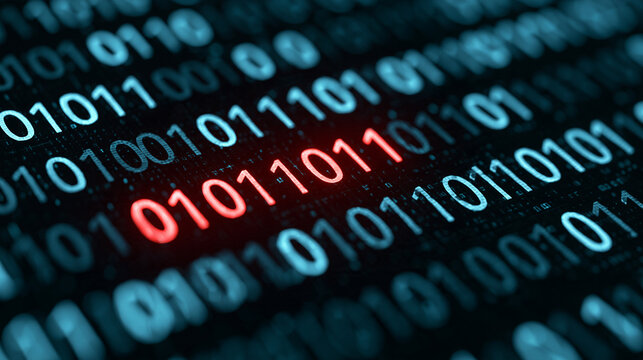 Digital binary code scrolls across a dark screen with one prominent red sequence highlighting a cyber threat. This graphic is ideal for cybersecurity and hacking concepts.