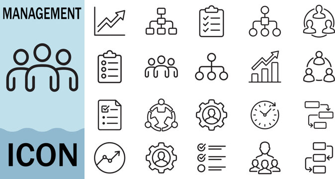 Management icon set for business organization and strategy