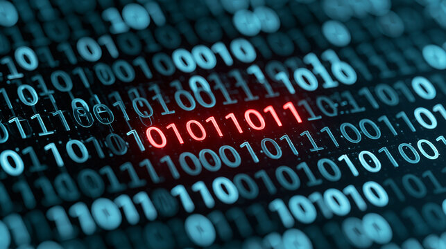 Glowing red binary code highlights a critical data breach among rows of blue digital numbers. Perfect for cybersecurity threats and programming concepts.