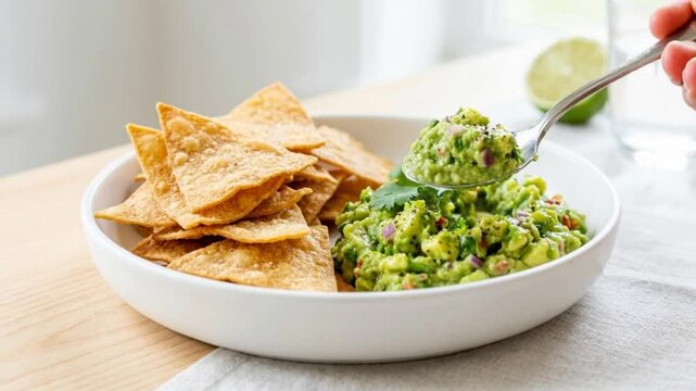 Freshly made vibrant green guacamole being scooped from a white bowl, served alongside a stack of golden crispy tortilla chips on a wooden table.