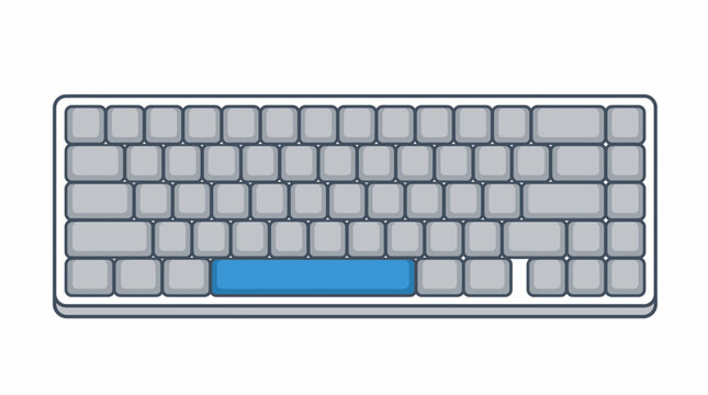 Flat vector illustration of a modern compact mechanical computer keyboard peripheral with grey keys and a prominent blue spacebar isolated on white for gaming, office work, and technology design