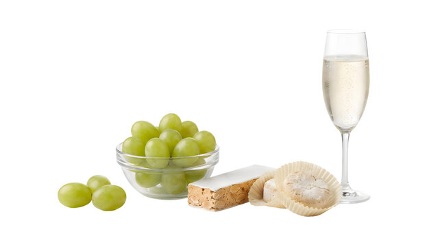 Spain Twelve Grapes Turron Cava Isolated White Background