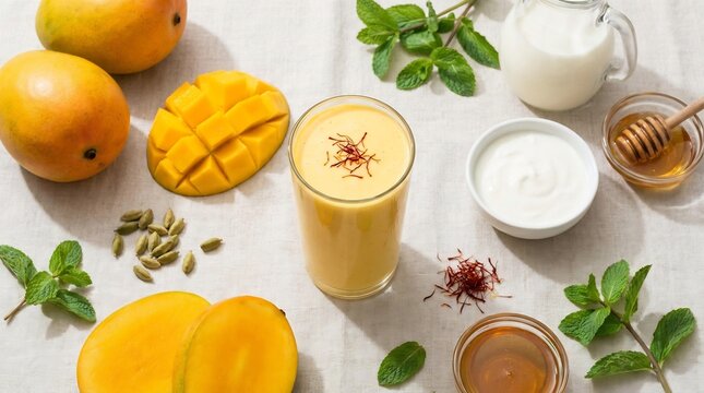 Refreshing mango lassi drink in a glass with saffron threads