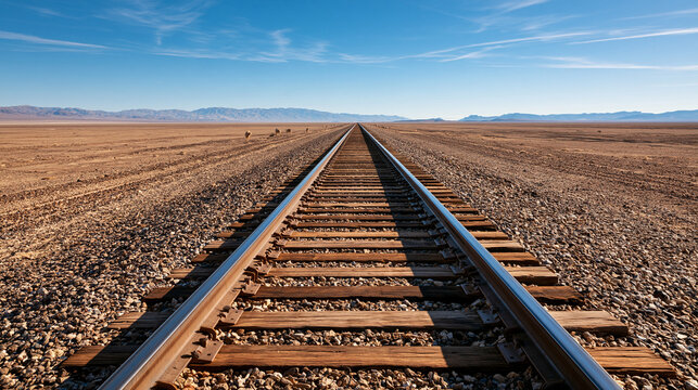 Straight railway tracks stretching through a vast desert landscape under a clear blue sky during daylight. Perfect for travel concepts and adventure banners.