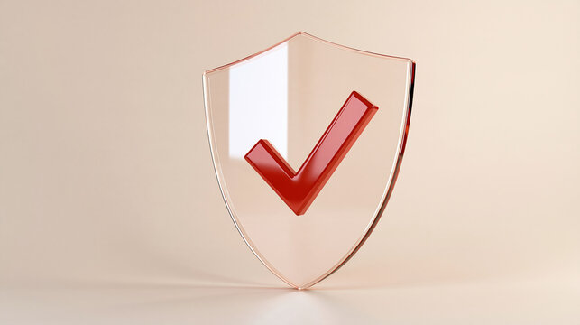 A transparent glass shield with a red checkmark stands on a soft beige background. Ideal for cybersecurity and data protection concepts.