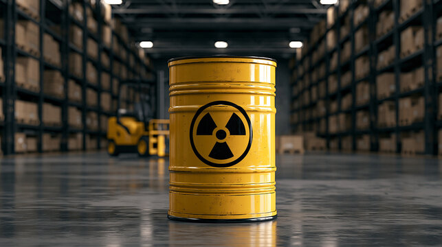 A yellow radioactive waste barrel stands prominently on a concrete floor inside a vast industrial warehouse. This hazardous material storage concept is perfect for environmental.