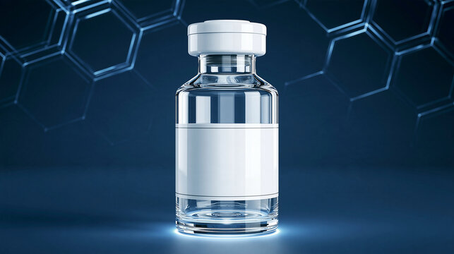 Clear glass vaccine vial with a blank label standing on a dark blue background with abstract scientific molecular patterns. Medical research concept for pharmaceutical.