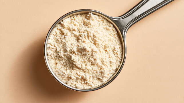 Protein powder scoops from a silver measuring spoon in a top-down view on beige background. Great for healthy eating and sports nutrition concepts.