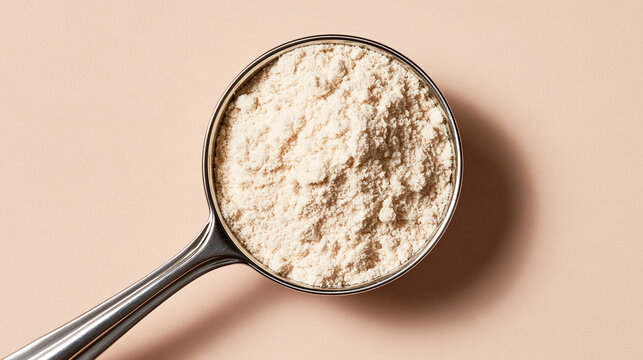 Protein powder in a stainless steel measuring spoon on a neutral beige background. Ideal for fitness nutrition and health supplement themes.