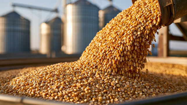 Golden corn kernels pouring from a metal chute into a hopper at sunset with grain silos in the background. Agricultural harvest concept for industrial food supply advertising.