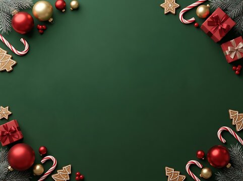 Festive christmas ornaments and gifts arranged on a dark green background for holiday celebrations
