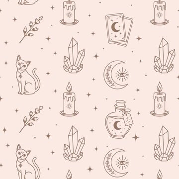 Animated Mystical Witchy Brown Outline Seamless Pattern with Black Cat Crystal Candle Tarot Cards Crescent Moon Potion Bottle and Lavender on Light Pink Background, Diagonal Scrolling Motion