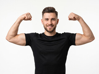 Fototapeta premium handsome young white man in black athletic t-shirt flexing double biceps in gym fitness pose isolated on pure white background for banner ad