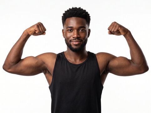 handsome young black man in black athletic tank top flexing double biceps in gym fitness pose isolated on pure white background for banner ad