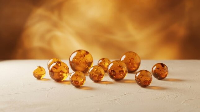 Shiny amber glass balls on a wooden surface with a warm glowing golden background