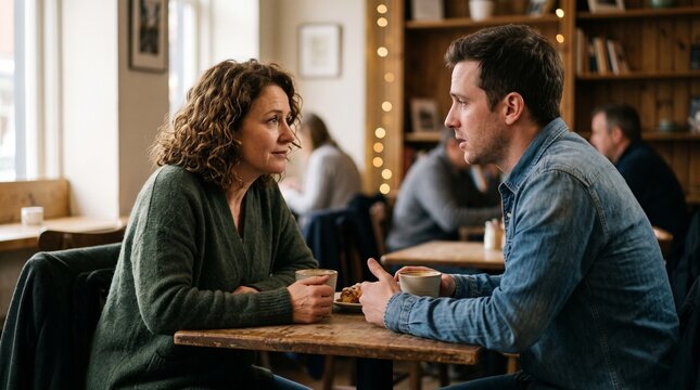 A Cozy Coffee Conversation: A man and a woman sit at a rustic wooden table in a cafe, enjoying warm beverages and engaging in a deep conversation.