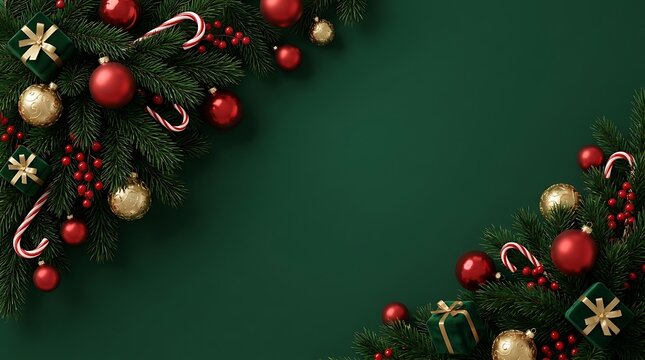 Festive christmas decorations with ornaments and pine branches on a dark green background