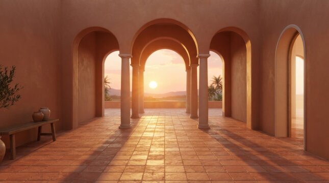 Beautiful mediterranean terrace with stone arches overlooking a warm sunset view