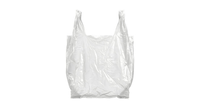 White plastic grocery bag for shopping items and retail packaging on transparent background.