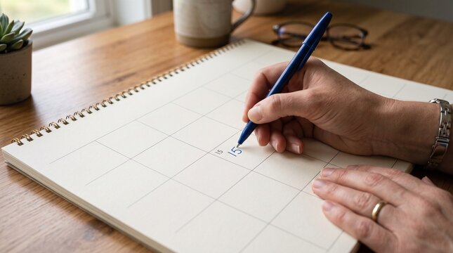 Scheduling Tasks: A close-up shot of a person's hands writing on a calendar, planning out their day with a pen. The scene is set on a wooden desk with a plant and glasses in the background.