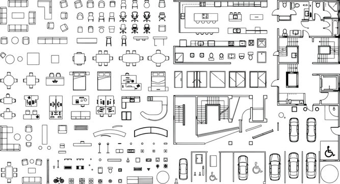 Architectural floor plan symbols and furniture top view vector
