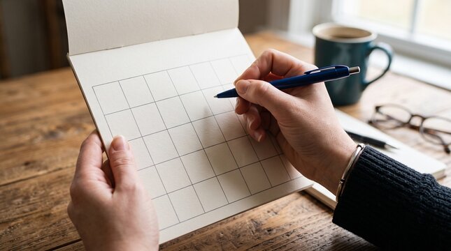 Planning the Day: A person's hands are visible as they hold a pen and write in a planner or calendar, with a cup of coffee and glasses nearby, suggesting a focus on organization and productivity.
