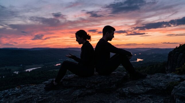 Silent Separation: Silhouetted against a vibrant sunset sky, a couple sits back-to-back on a mountain peak, a visual representation of distance and unspoken disconnection in their relationship.