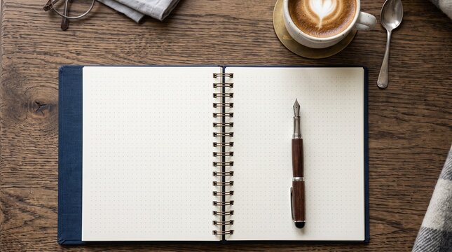 Desk Essentials: A neatly arranged wooden desk features an open notebook with a pen, a cup of coffee with latte art, glasses, and a napkin, perfect for a moment of reflection or planning.