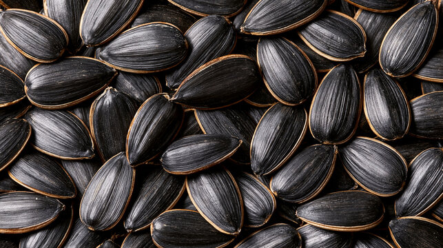 A close-up shot of black sunflower seeds filling the frame under natural lighting. Perfect food background for agricultural and culinary projects.