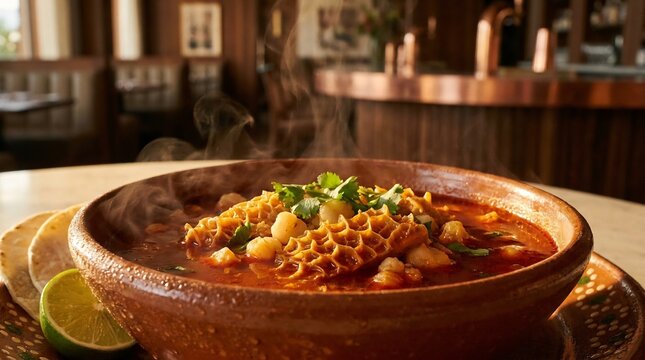 Menudo: Spicy Stew in Clay Bowl with Fresh Cilantro and Tortillas