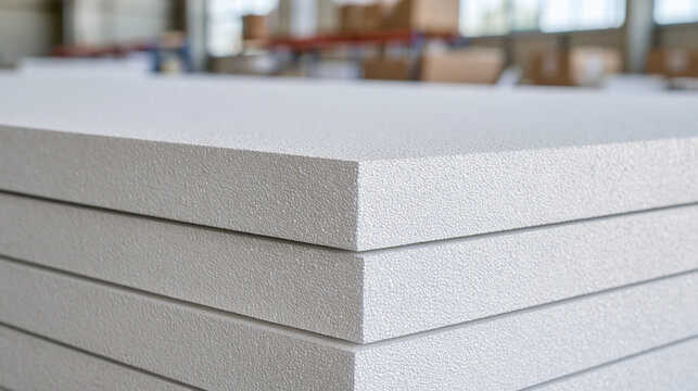 Stack of white styrofoam insulation boards in a brightly lit warehouse. Use this image for construction material and architectural design concepts.