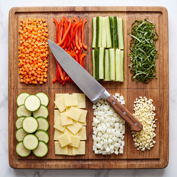 Professional knife cuts reference chart showing brunoise julienne dice and chiffonade techniques