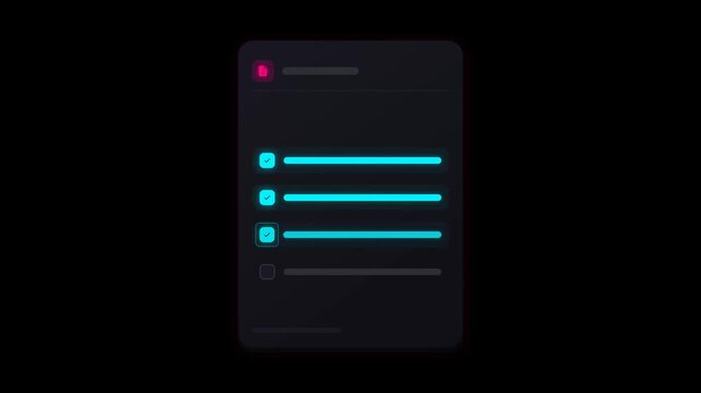 3D Cyberpunk Document Task Checklist Animation, Automated Neon System Processing on Black Background