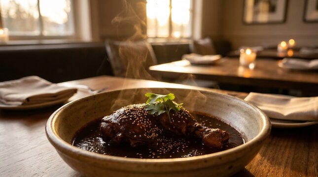 Chicken drumsticks simmered in a rich dark mole sauce
