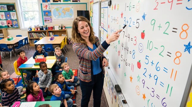 Math Lesson in a Lively Classroom: A cheerful teacher points to a whiteboard filled with math equations as young students attentively watch, engaged in a vibrant learning environment.