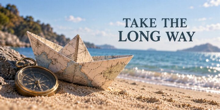 Paper Boat And Vintage Compass On Beach Sand With Take The Long Way Text