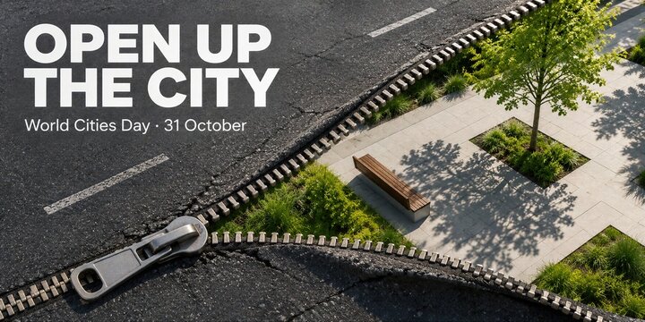 Asphalt Road Unzipping To Reveal A Green Urban Park With World Cities Day Text