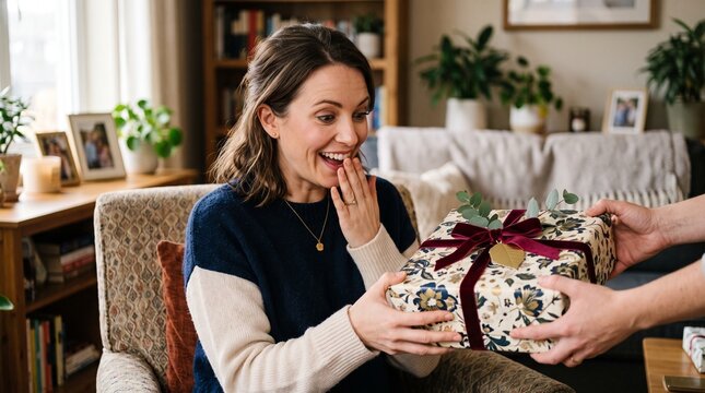 A Woman's Joyful Surprise: A woman reacts with delight and surprise as she receives a beautifully wrapped gift, her hands clasped over her mouth in an expression of pure happiness.